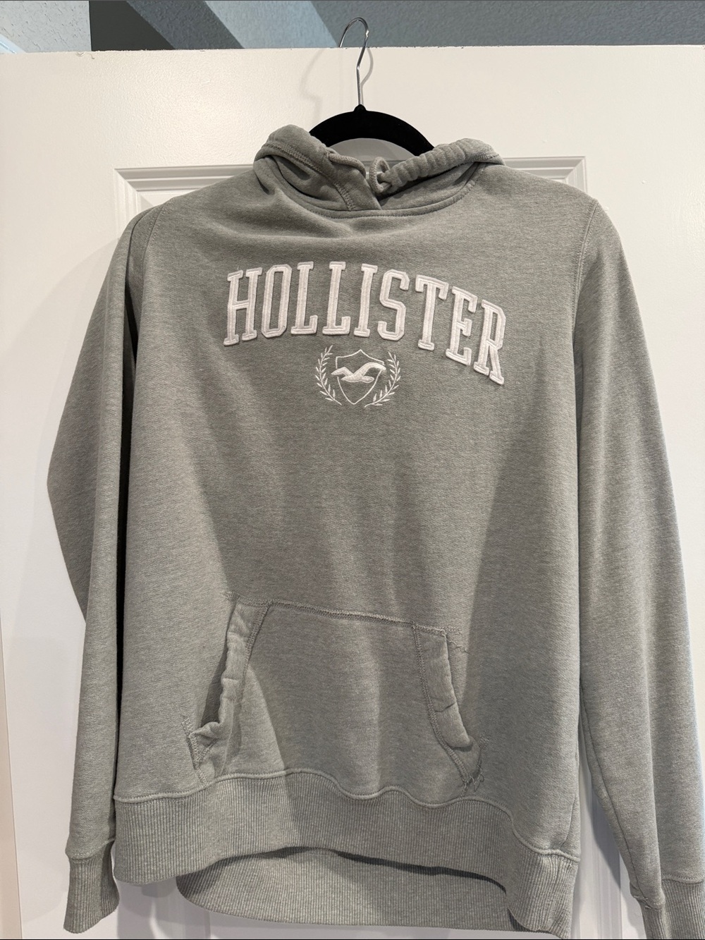 Hollister Men's Gray Crewneck Hoodie with White Logo